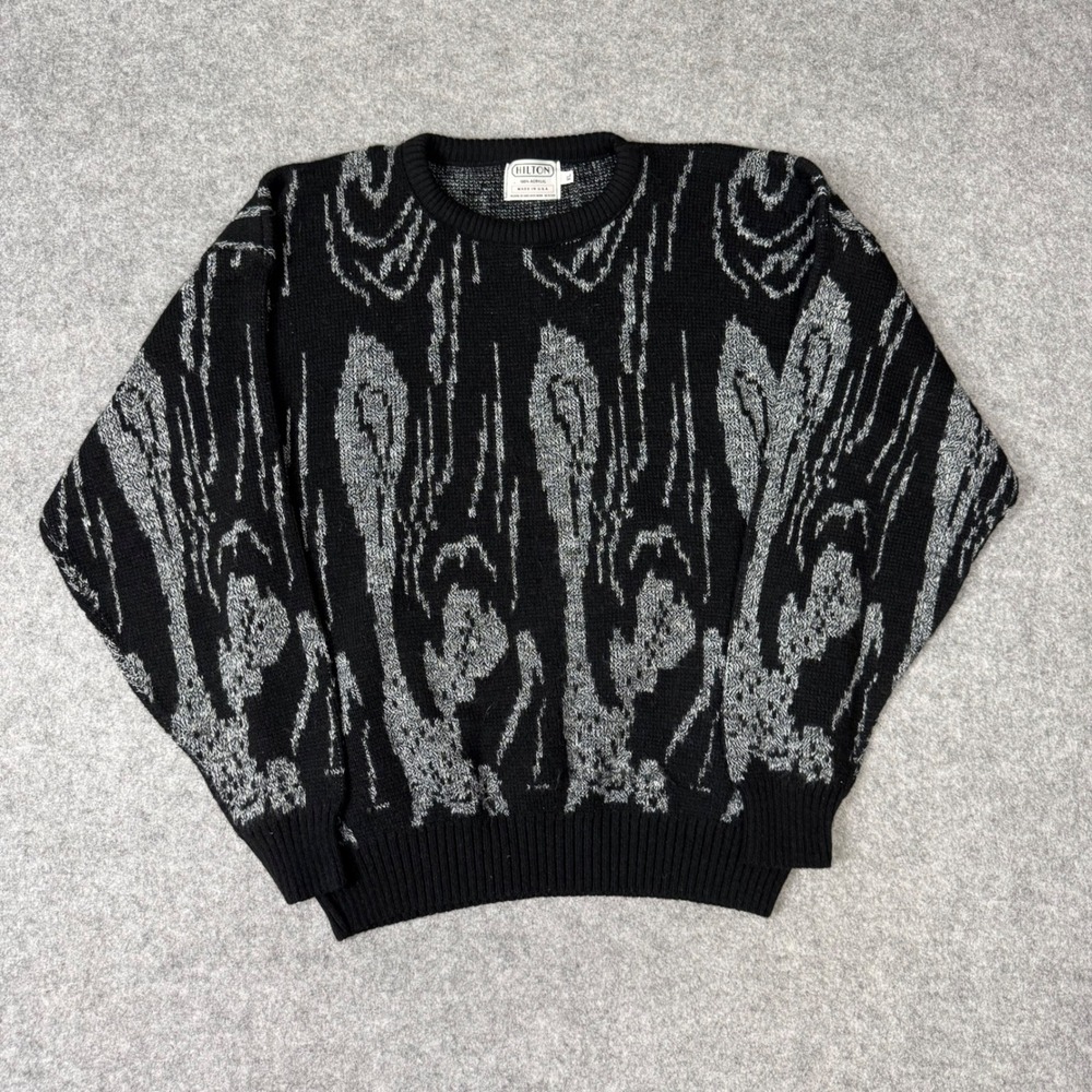 Vintage Hilton Mens XL Abstract Intarsia Knit Sweater Black Grey‎ Made in USA